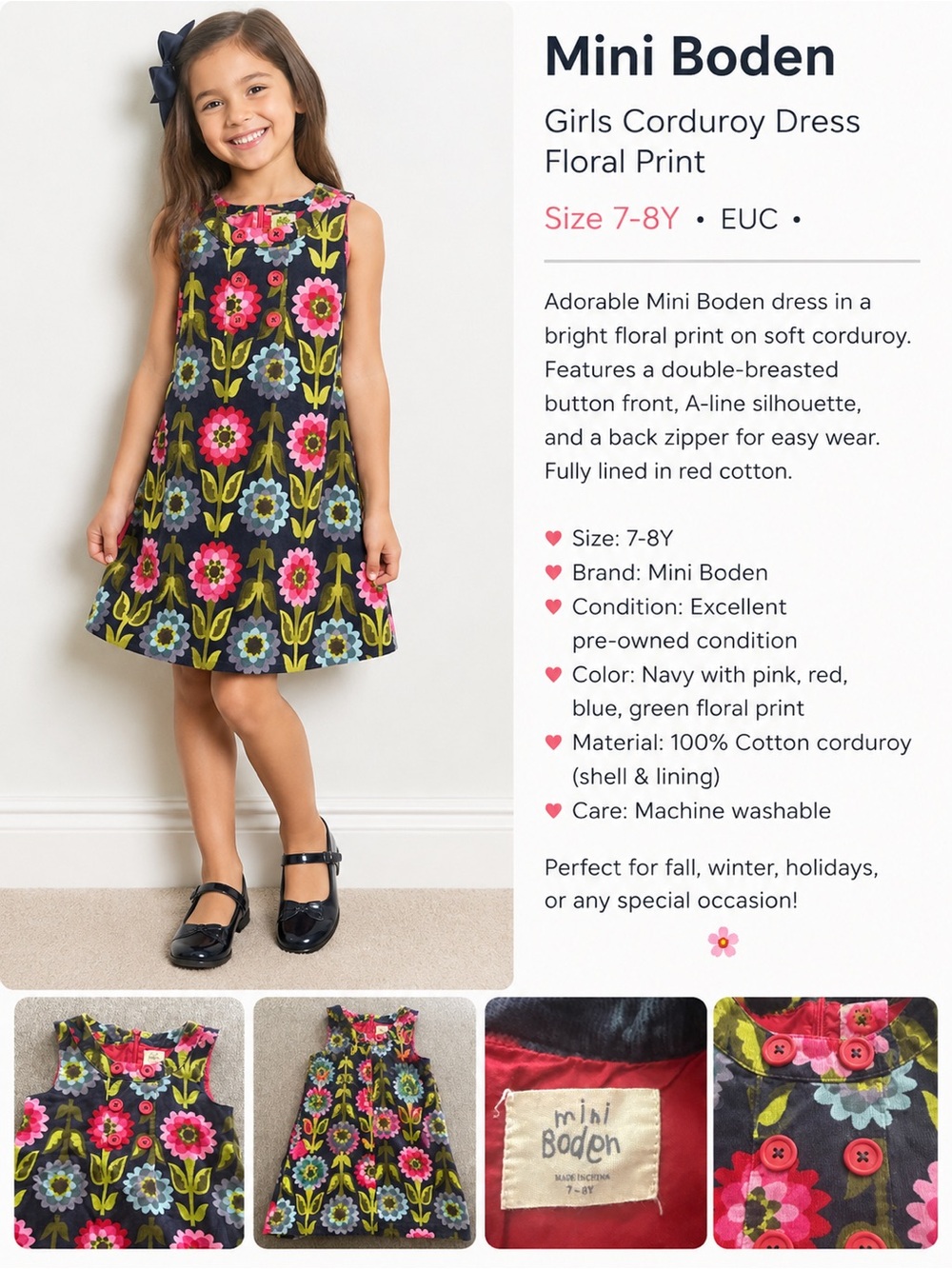 EUC Mini Boden Girls Navy Floral Corduroy Dress - Pink, Red, Blue & Green